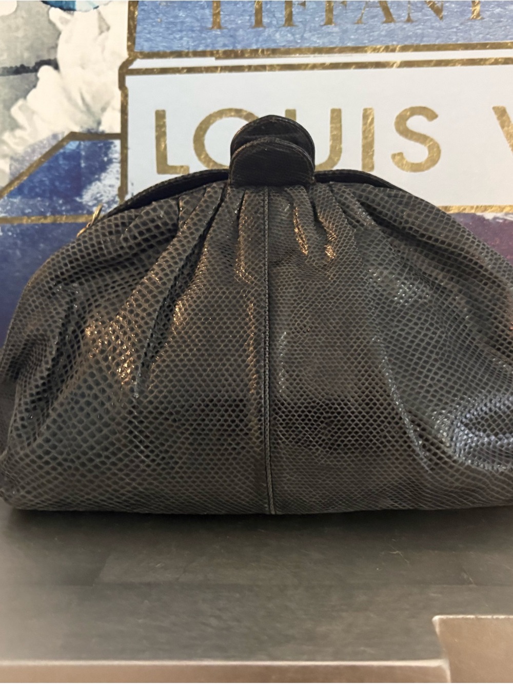 Judith Leiber Vintage Gray Snakeskin Textured Clutch with Gold Plaque